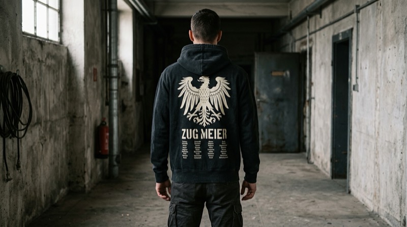 Rücken eines Basic-Hoodies mit grossem gedrucktem Adler-Motiv und gedruckter Namensliste im Kasernenkorridor
